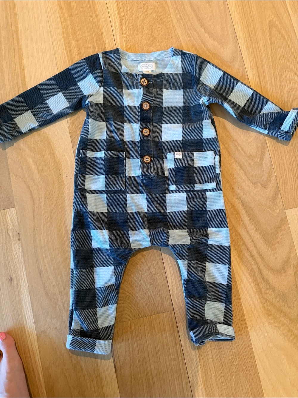 Mud Pie Light Blue and Black Buffalo Plaid Baby Jumpsuit